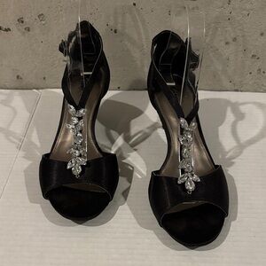 FIONI Night Black Satin Open Toe Evening Pumps with Crystal Embellishment-Sz 8.5